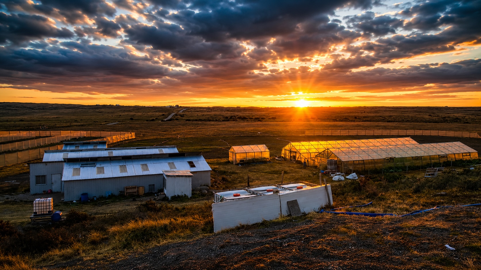 Paisaje productivo de Tierra del Fuego al atardecer